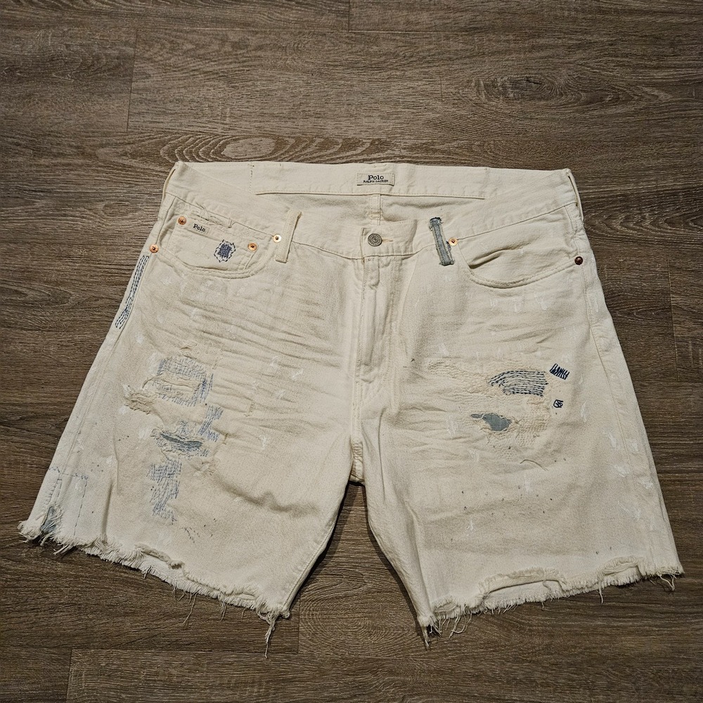 Polo Ralph Lauren Sullivan Slim Denim Shorts Mens 38 White Distressed Cutoff